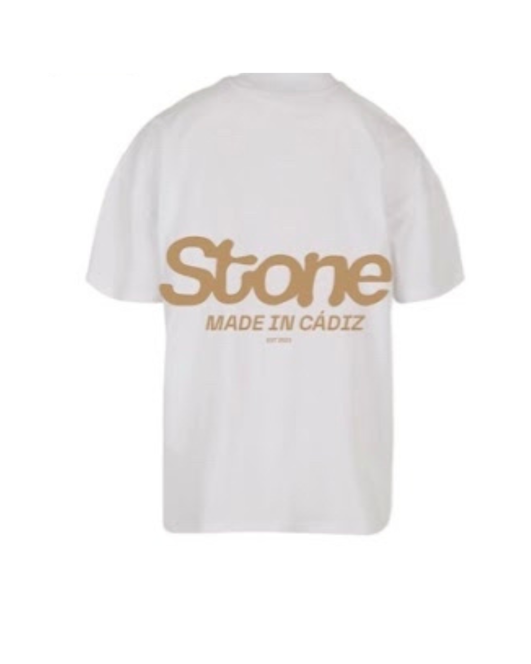 Camiseta blanca Oyster Stone, estampado Stone Made in Cádiz en la espalda