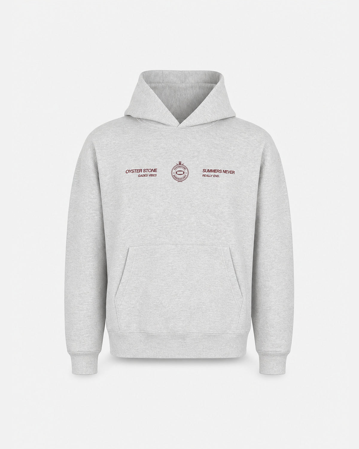 Hoodie MEMORIES gris jaspeado de Oyster Stone, vista delantera con estampación Gades Vibes, escudo Memories Dept y Summers Never Really End