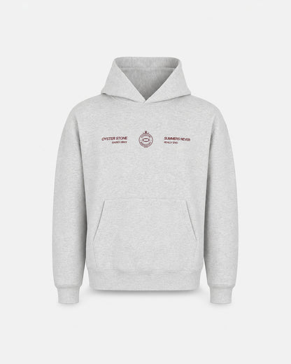 Hoodie MEMORIES gris jaspeado de Oyster Stone, vista delantera con estampación Gades Vibes, escudo Memories Dept y Summers Never Really End