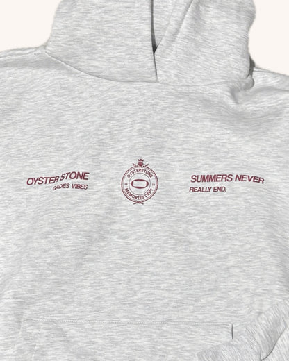 Detalle de la estampación granate en el pecho de la Hoodie MEMORIES gris: Oyster Stone Gades Vibes, escudo Memories Dept y Summers Never Really End